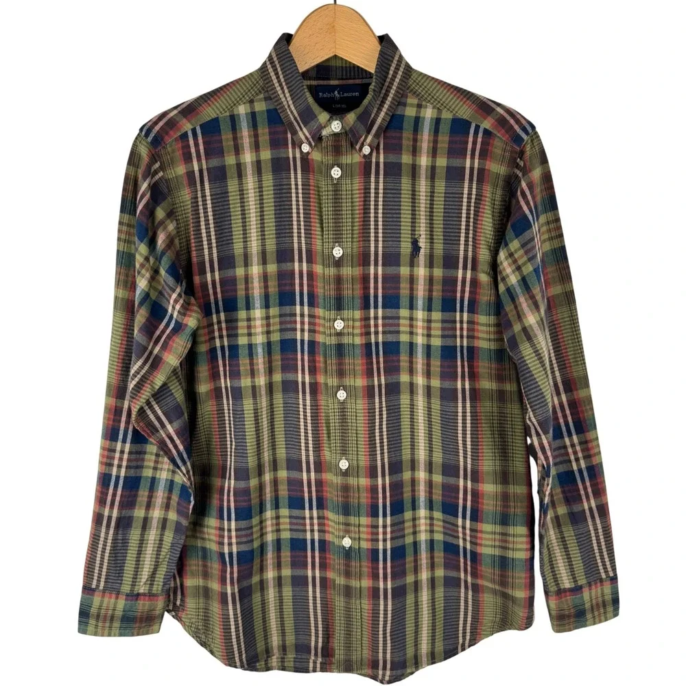 Ralph Lauren Boys Plaid Button Down Shirt Green Navy Red L‎ 14-16 Cotton NEW